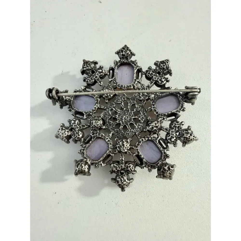 Vintage Snowflake Rhinestone Brooch Multicolor Pink Blue Yellow Missing Stone